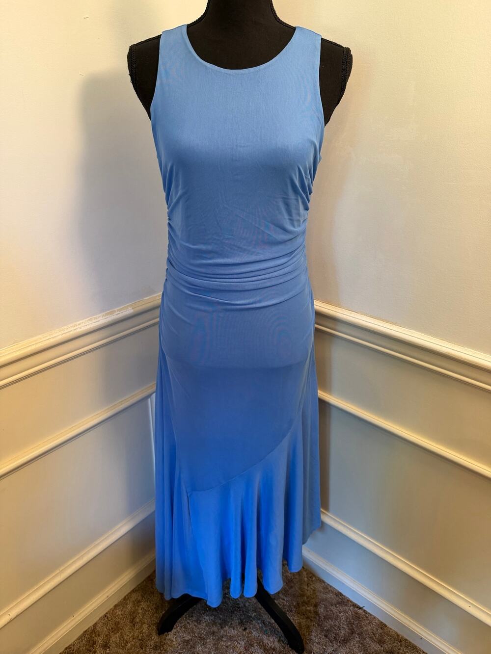 Steve Madden Laney Asymmetric Mesh Ruched Midi Dress Blue Y2K Cocktail Resort